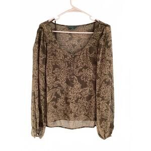Lauren Ralph‎ Lauren Silk Blouse Womens 6 Sheer Paisley Long Sleeve Top Brown